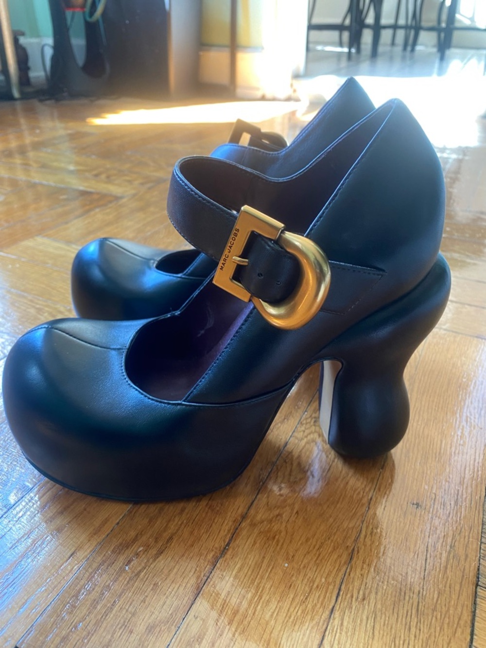 Marc Jacobs Black Leather Mary Jane Heels with Gold Buckle Accent
